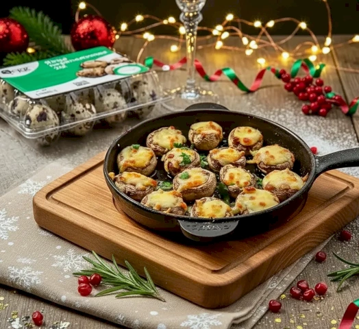 Очищаем грибы, аккуратно вынимаем ножки. Ножки и лук мелко рубим, обжариваем на масле 5-7 минут до мягкости. Приправляем солью, перцем и щепоткой мускатного ореха для теплого аромата.