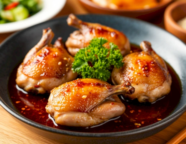 Готовим соус. Берем 50г растопленного сливочного масла. Добавляем к маслу 60 мл соевого соуса, 2 столовые ложки меда (жидкого), мелко нарезанный зубчик чеснока и перемешиваем. 