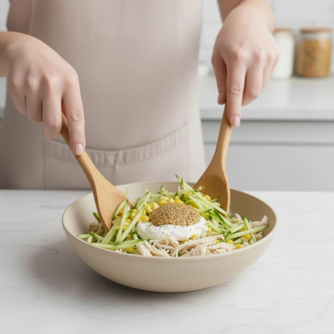 Отварного перепела, огурцы и яблоко нарежьте соломкой.