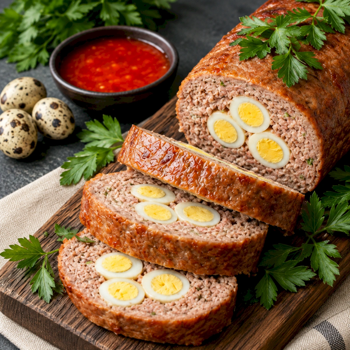 Мясной рулет с перепелиными яйцами
