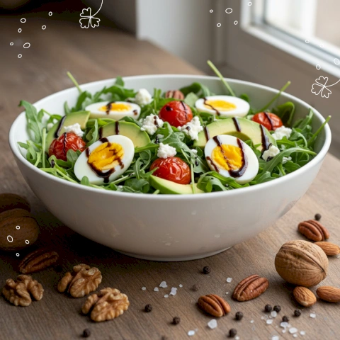 Нарезаем кубиками авокадо и вяленые помидоры, после чего добавляем их в рукколу.