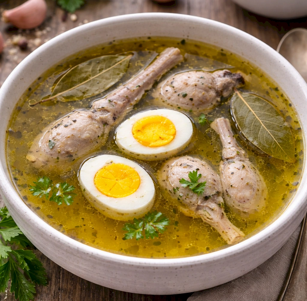 Бульон на перепелином мясе с перепелиными яйцами